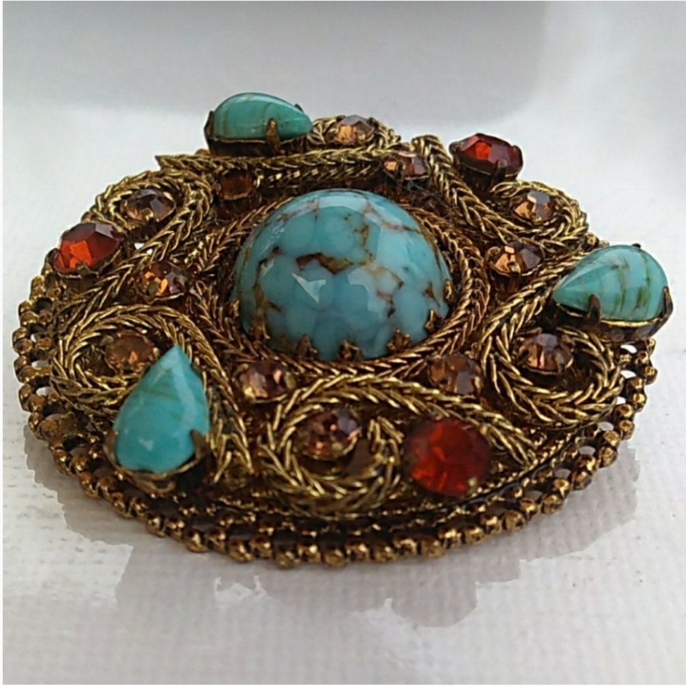 AUSTRIA Turquoise Topaz Tangerine Crystal Brooch - Picture 5 of 8
